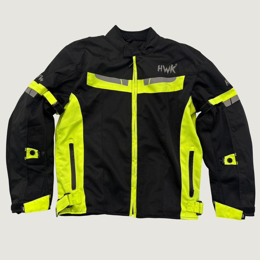 HWK Men's XL Motorcycle Jacket Black Hi Vis Yellow Mesh Armored Reflective